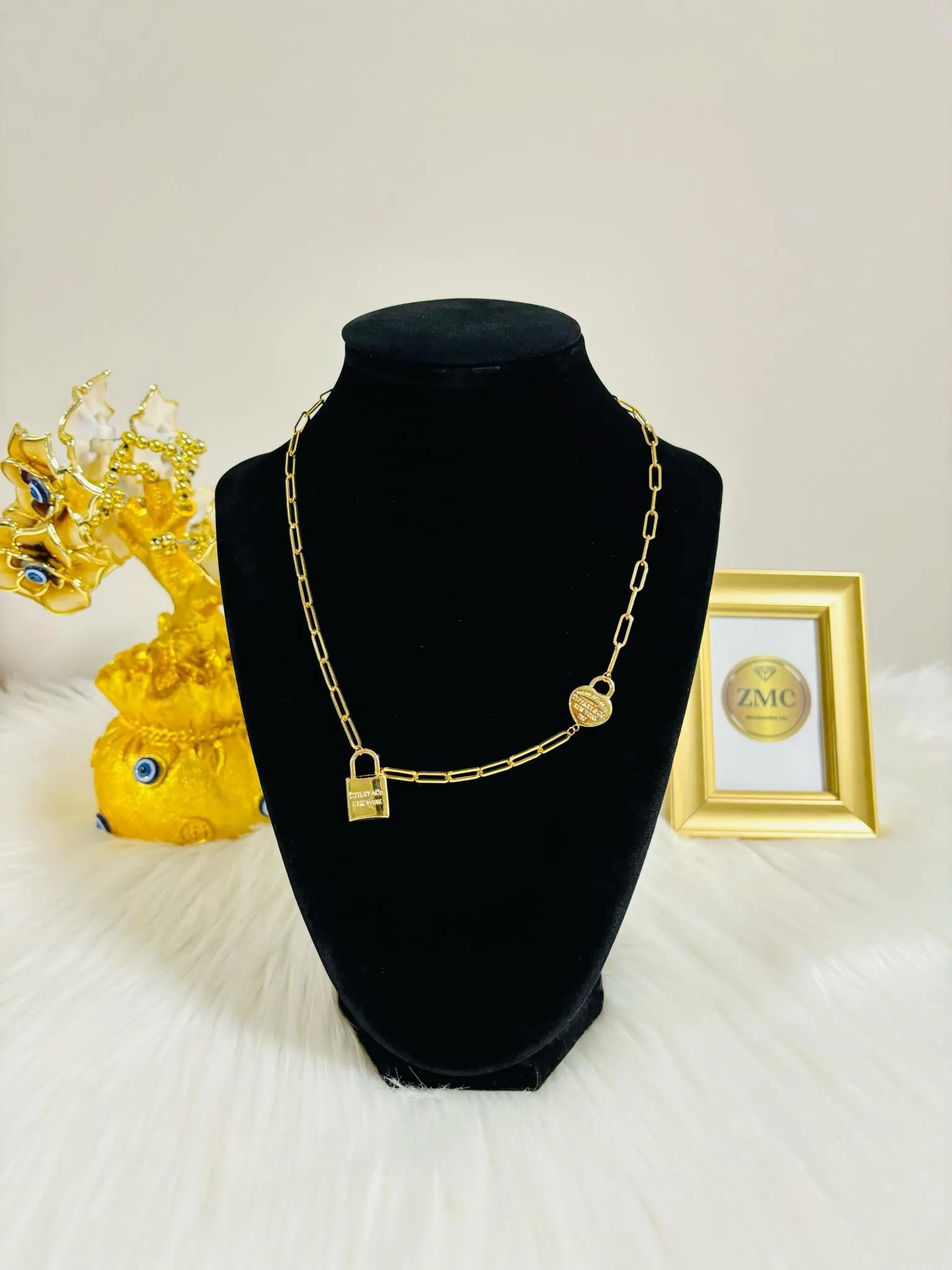 18K Gold Paperclip with Padlock and Heart Charm Necklace