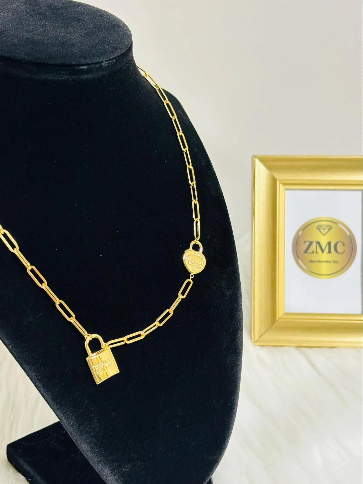 18K Gold Paperclip with Padlock and Heart Charm Necklace