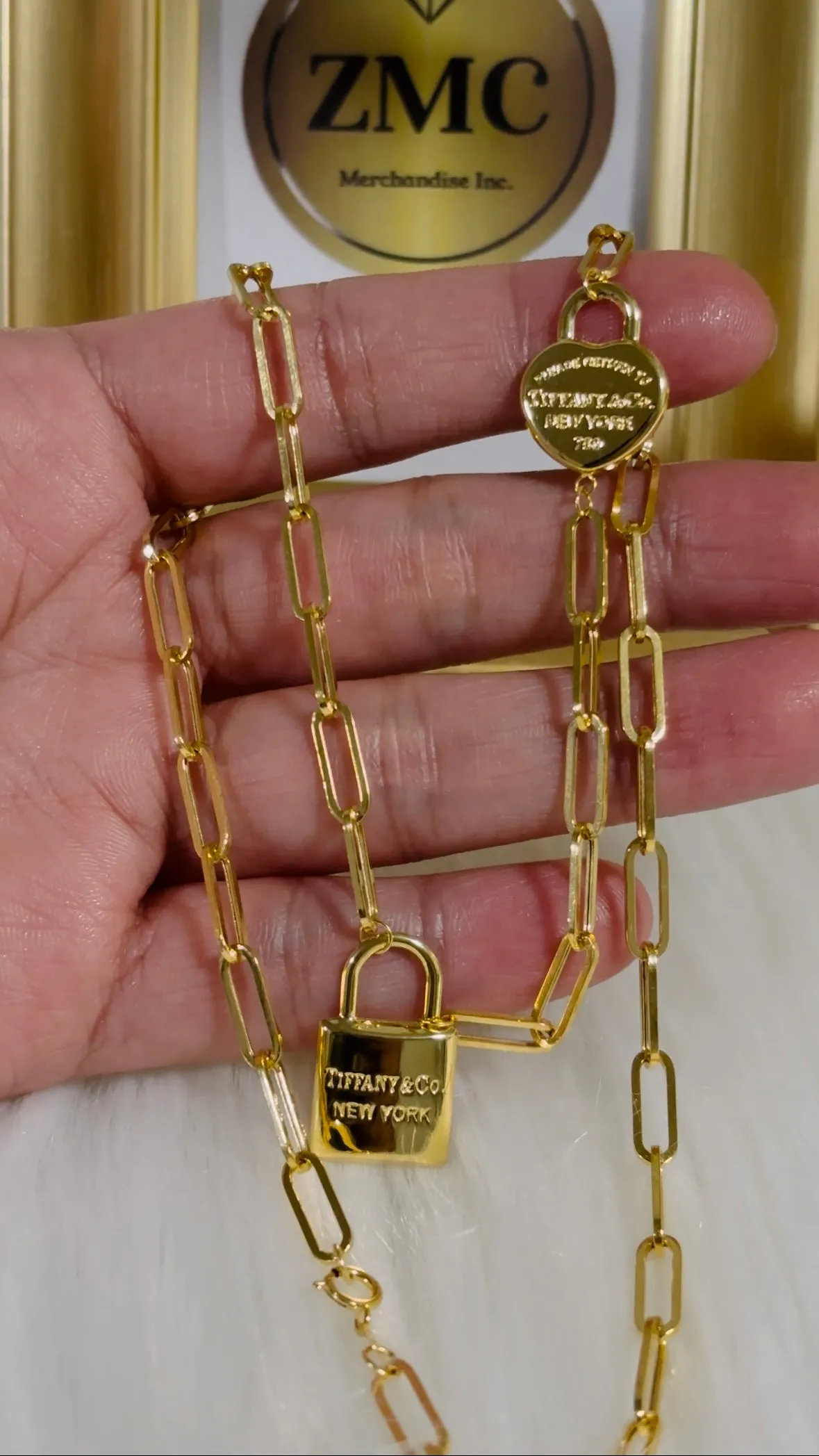 18K Gold Paperclip with Padlock and Heart Charm Necklace