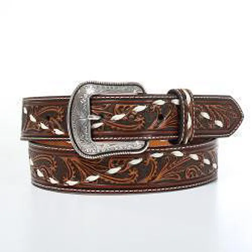 3-D Brown Floral Tooled Belt with White Buck Stitch Lace Accent