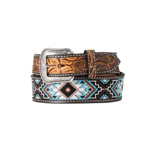 3-D Men's Brown Floral Tooled Belt with Southwest Design Embroidered Inlay