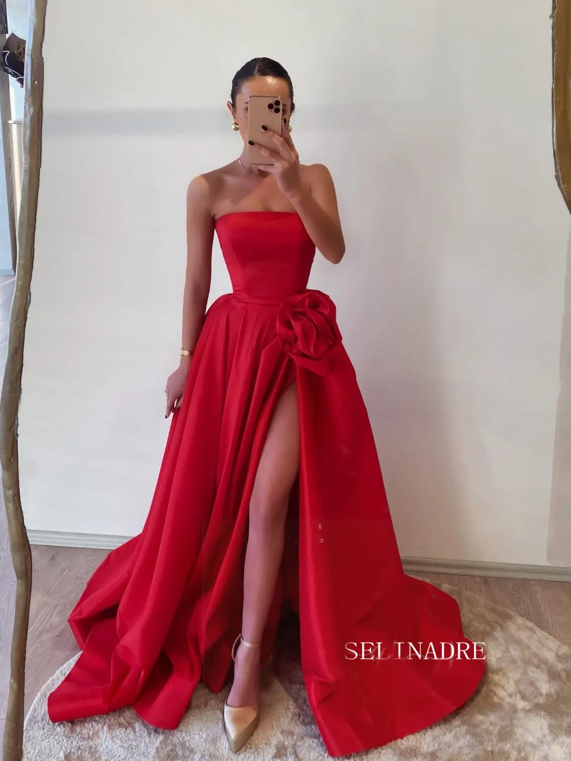 A-line Strapless V neck Red Long Prom Dress With Slit SEW1123