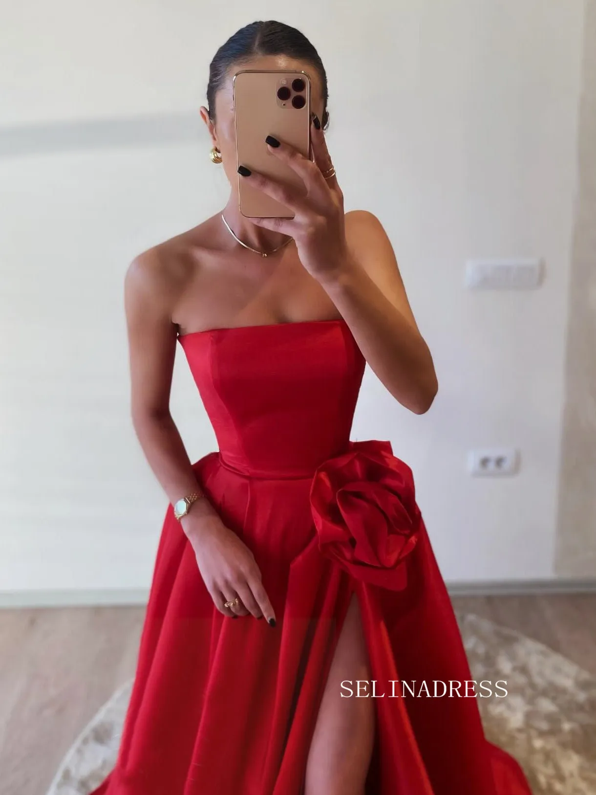 A-line Strapless V neck Red Long Prom Dress With Slit SEW1123