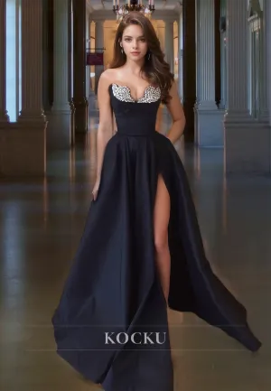 A-Line Sweetheart Prom Dress Sleeveless High Split Floor-Length Satin Wedding Dress with Beads