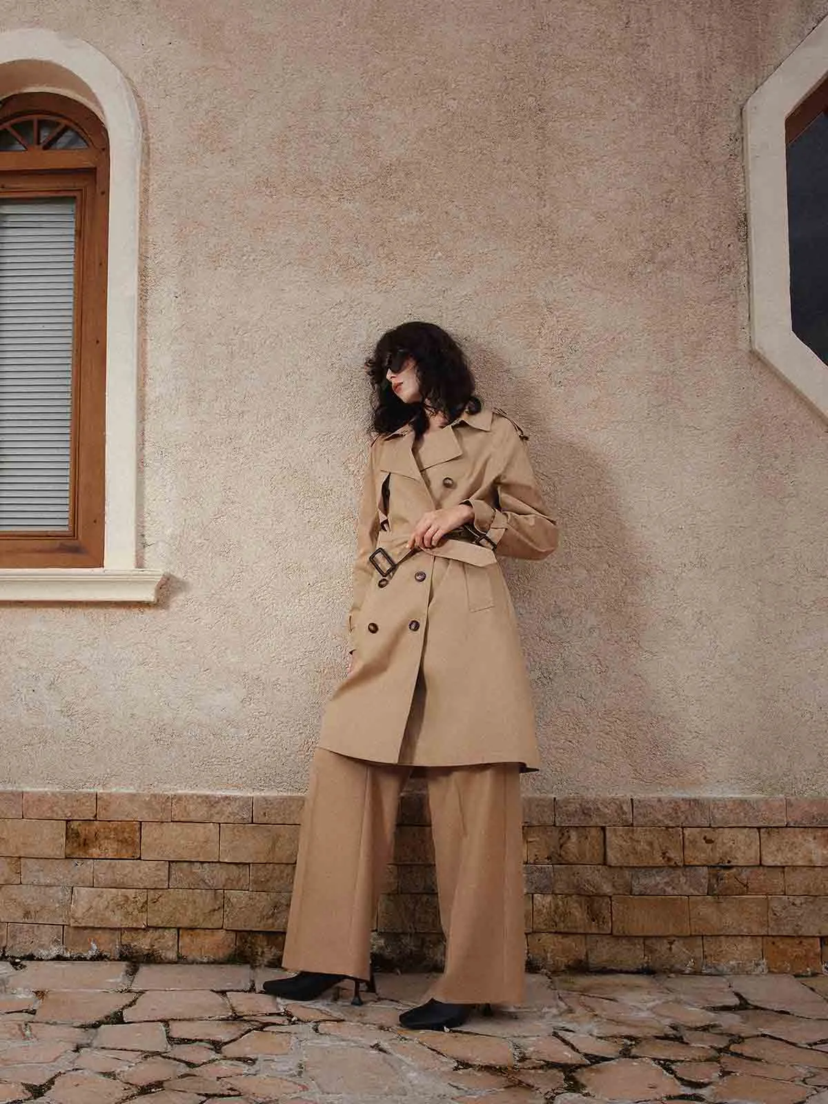 ASOBIO Double-Breasted A-Line Trench Coat