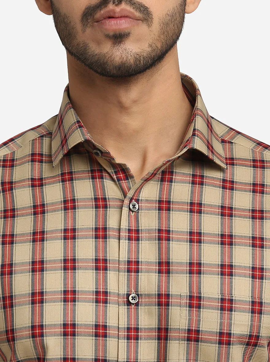 Beige & Red Checked Slim Fit Formal Shirt | Greenfibre