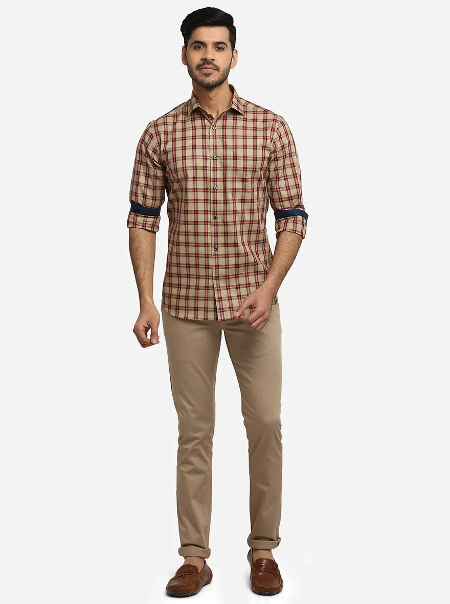 Beige & Red Checked Slim Fit Formal Shirt | Greenfibre