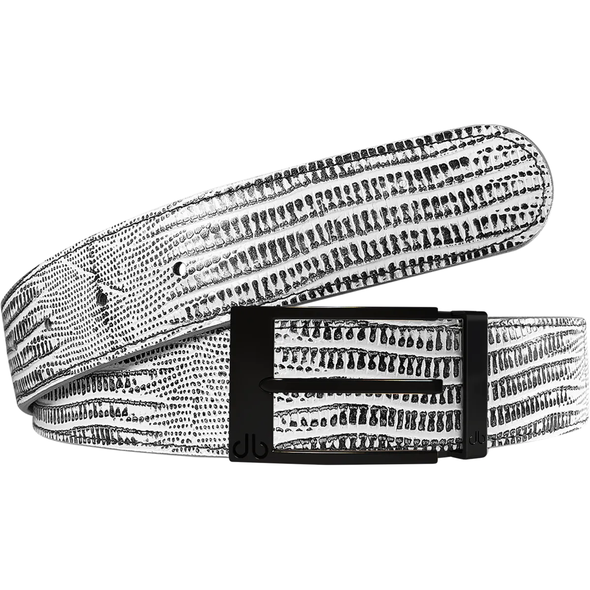 Black and White Lizard Texture Leather Belt with Matte Prong Buckle