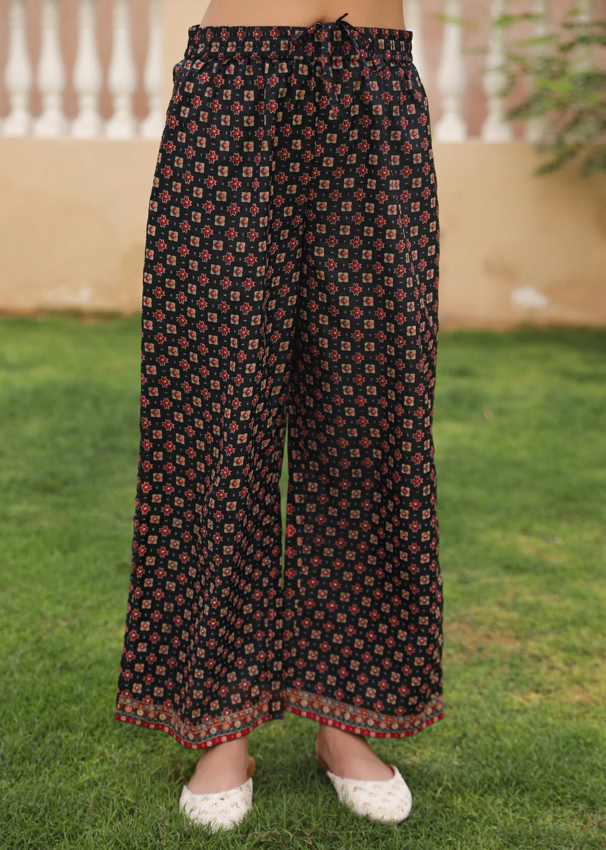 Black Ethnic Motif Printed Rayon Kurta Palazzo And Dupatta With Mirror & Thread Work