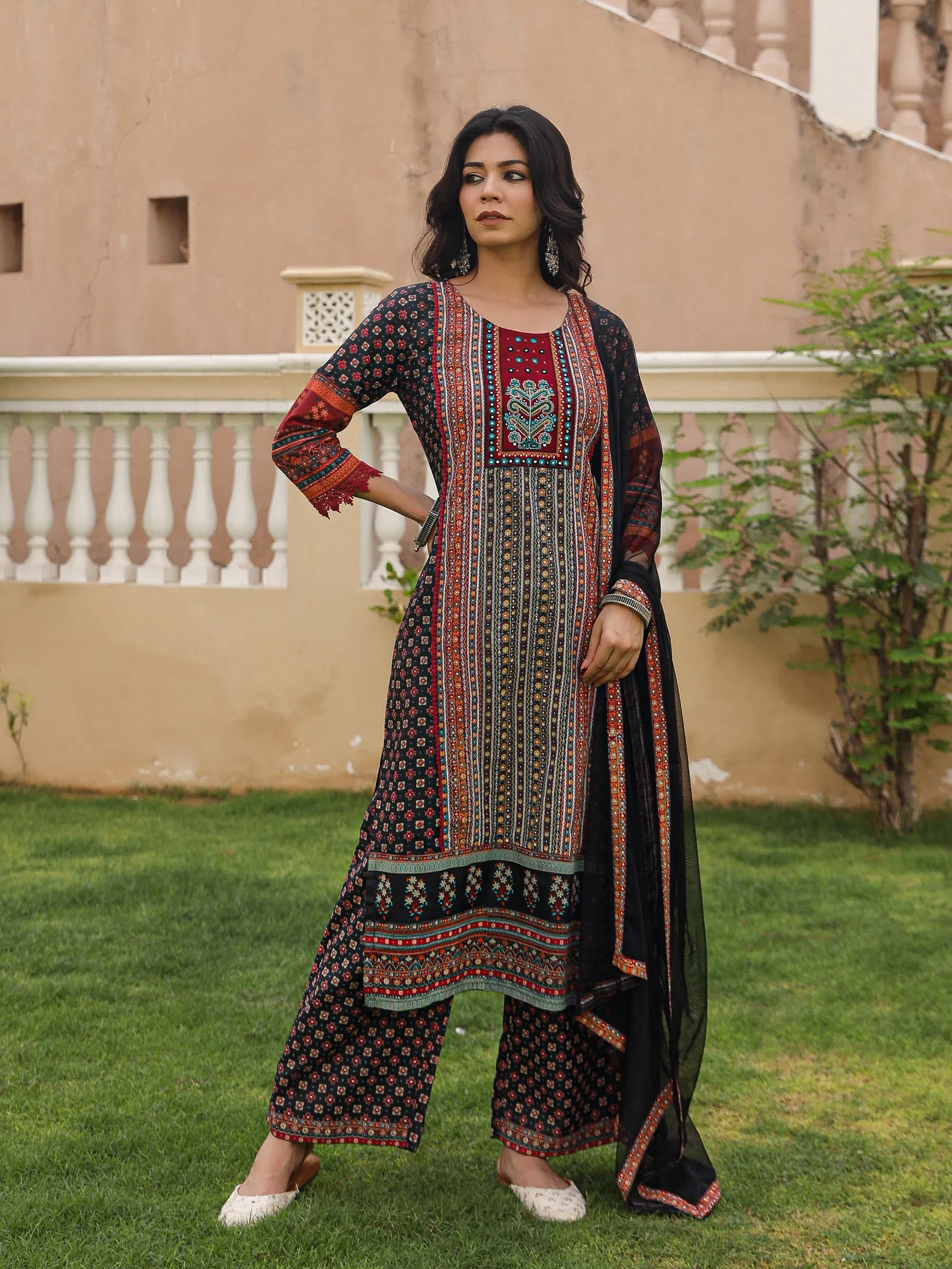 Black Ethnic Motif Printed Rayon Kurta Palazzo And Dupatta With Mirror & Thread Work