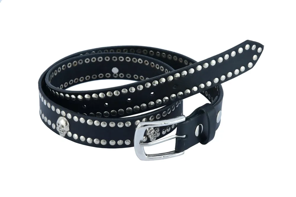 BLT2018 Black Leather Belt with Silver Studs and Skulls