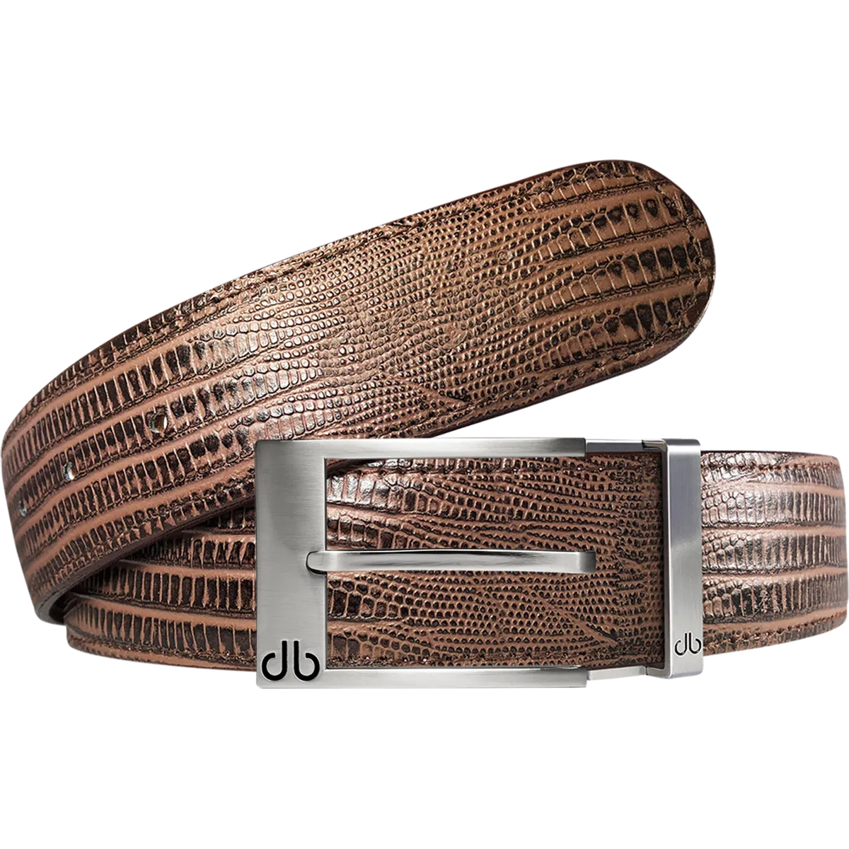 Brown Lizard Textured Leather Belt with Prong Buckle