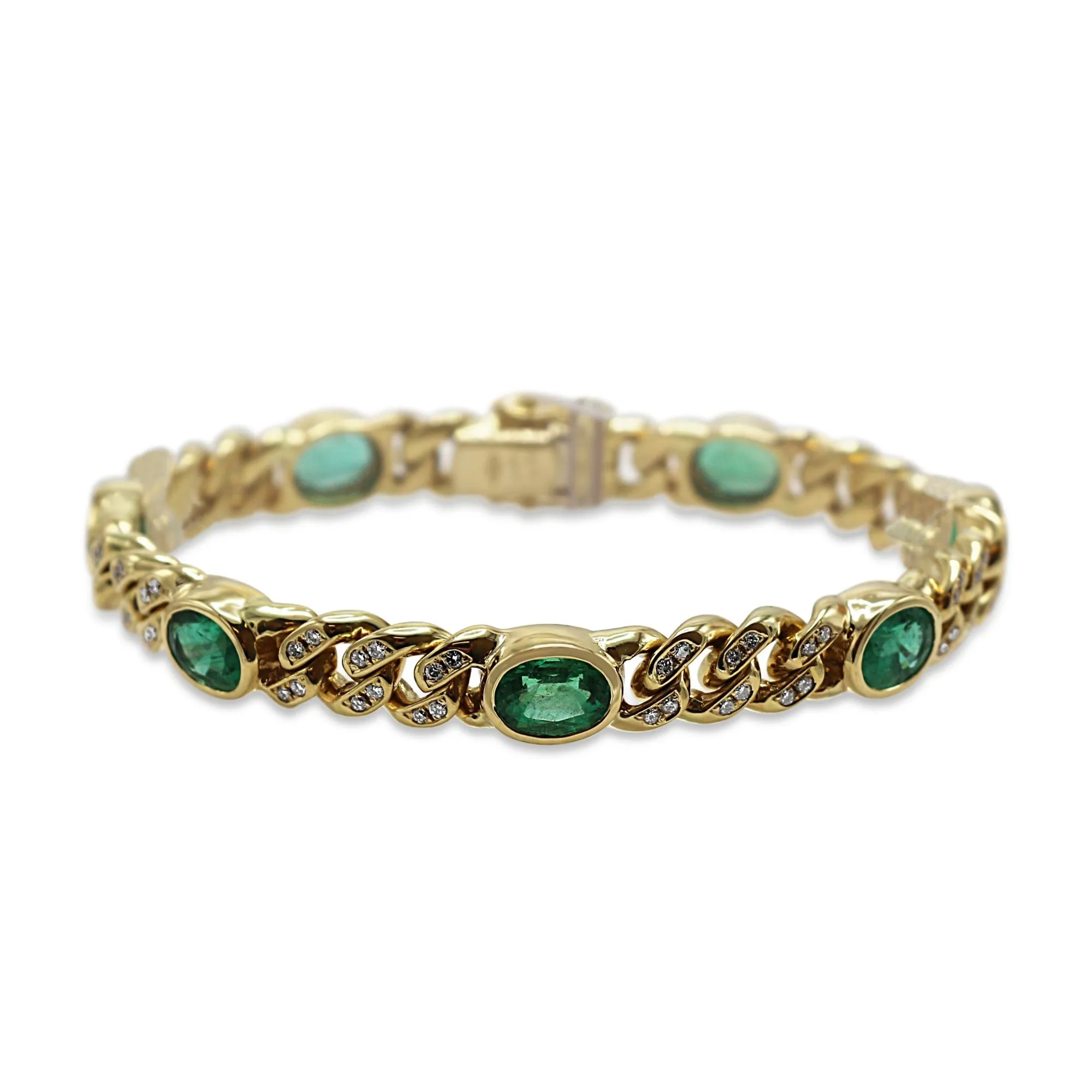 Cabochon Emerald & Diamond Set Fancy Curb Design Bracelet