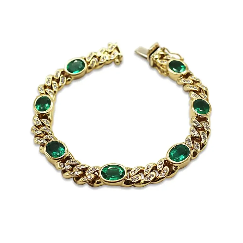 Cabochon Emerald & Diamond Set Fancy Curb Design Bracelet