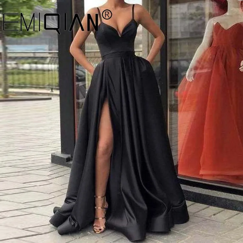 Champagne Muslim Evening Dresses, High Slit Spaghetti Straps Sweetheart A-Line Satin Long Prom Dress