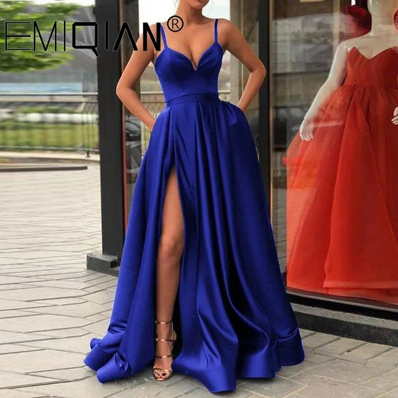 Champagne Muslim Evening Dresses, High Slit Spaghetti Straps Sweetheart A-Line Satin Long Prom Dress