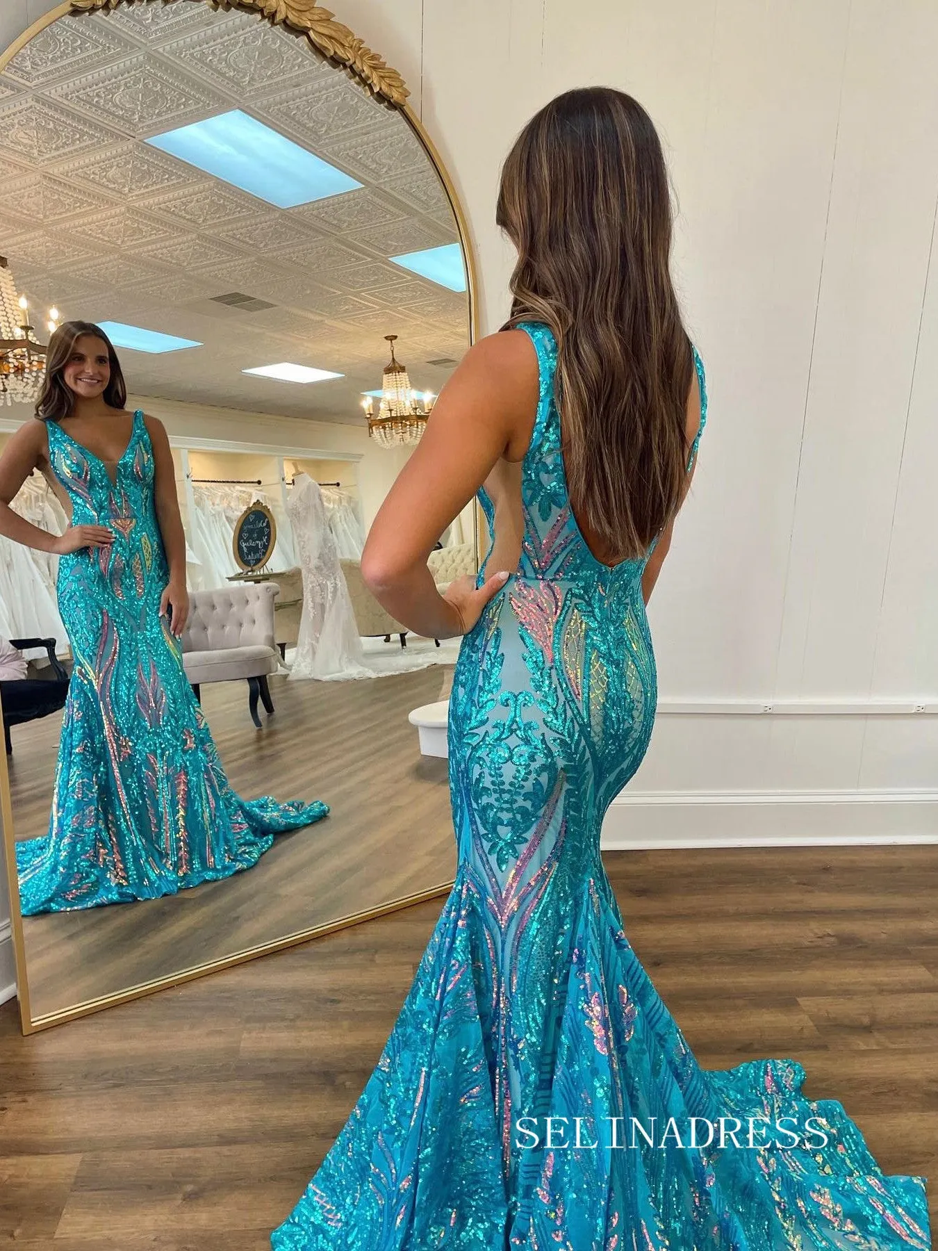 Charming Mermaid V neck Sparkly Sequins Blue Long Prom Dress lpk551