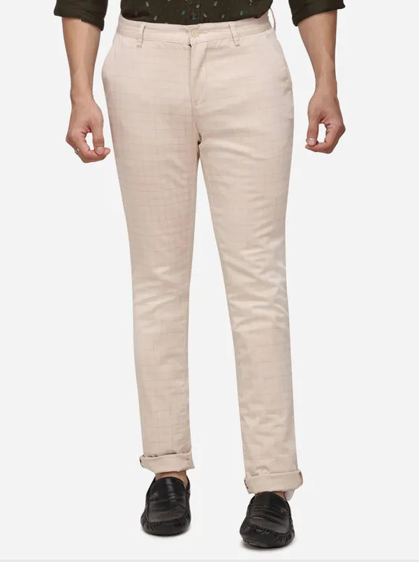 Cream Checked Super Slim Fit Casaul Trouser | Greenfibre