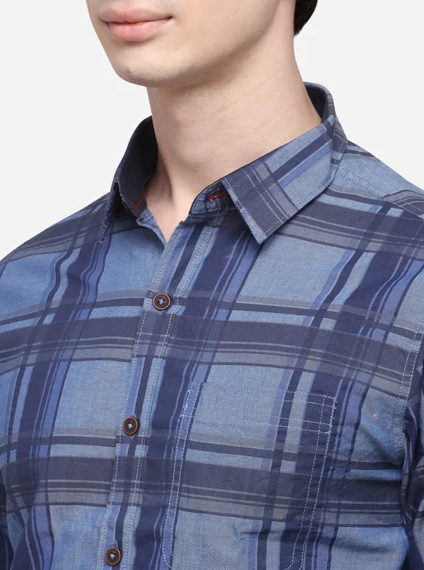 Dark Blue Slim Fit Checked Casual Shirt | Greenfibre