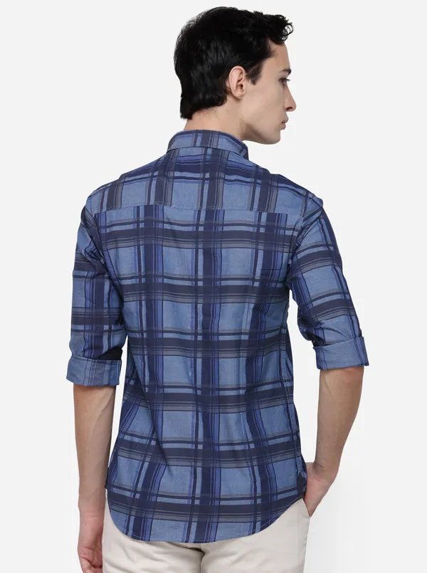 Dark Blue Slim Fit Checked Casual Shirt | Greenfibre