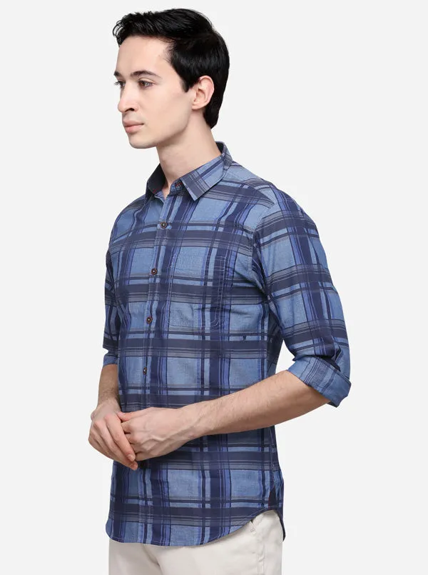 Dark Blue Slim Fit Checked Casual Shirt | Greenfibre