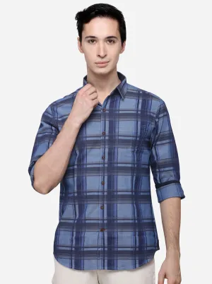 Dark Blue Slim Fit Checked Casual Shirt | Greenfibre