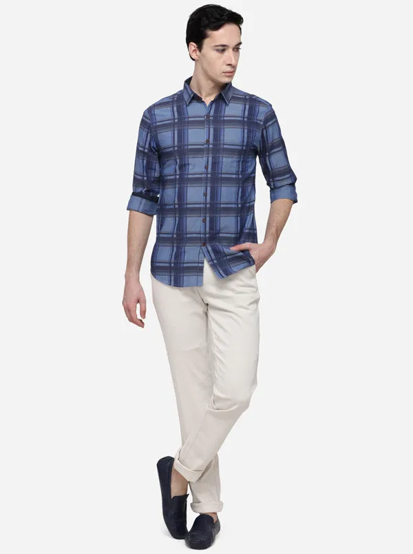 Dark Blue Slim Fit Checked Casual Shirt | Greenfibre