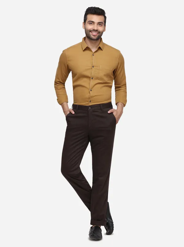 Dark Brown Solid Slim Fit Casual Trouser | Greenfibre