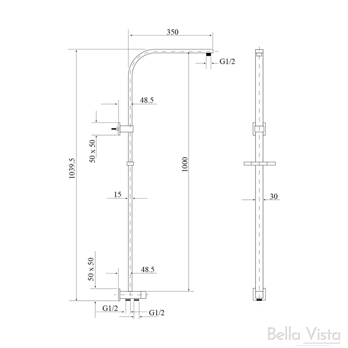 Dual Shower Rail with Rain Fall Head - Square Matte Black