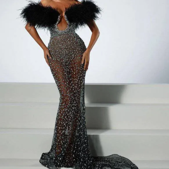 Ellen Off The Shoulder Feather Sequined Maxi Dress