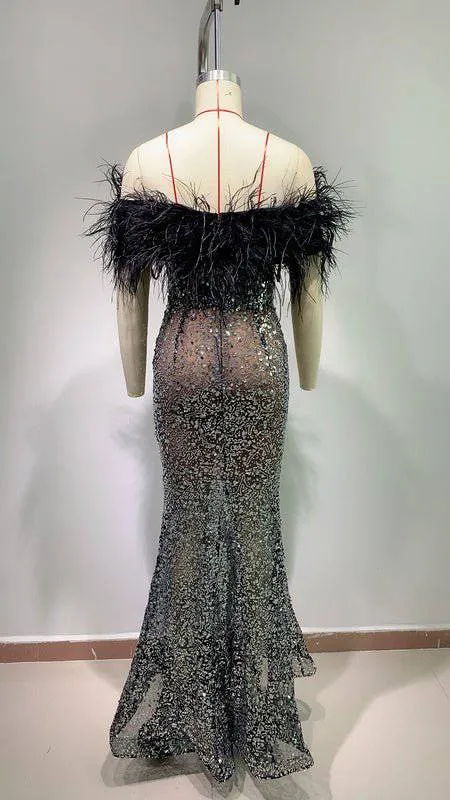 Ellen Off The Shoulder Feather Sequined Maxi Dress