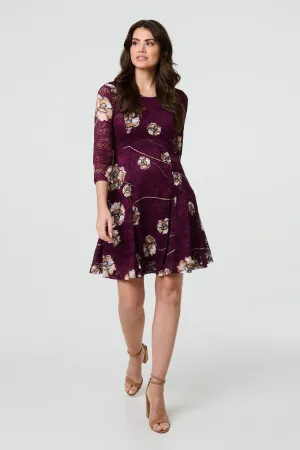 Floral 3/4 Sleeve Short Skater Dress