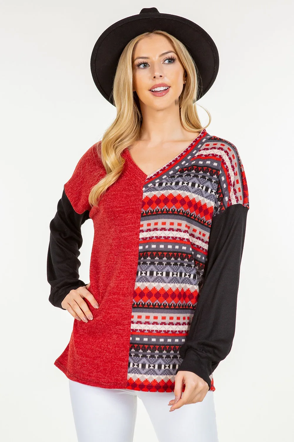 Full Size Contrast Geometric V-Neck Long Sleeve Blouse