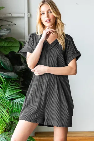 Full Size Short Sleeve Ribbed Romper with Pockets