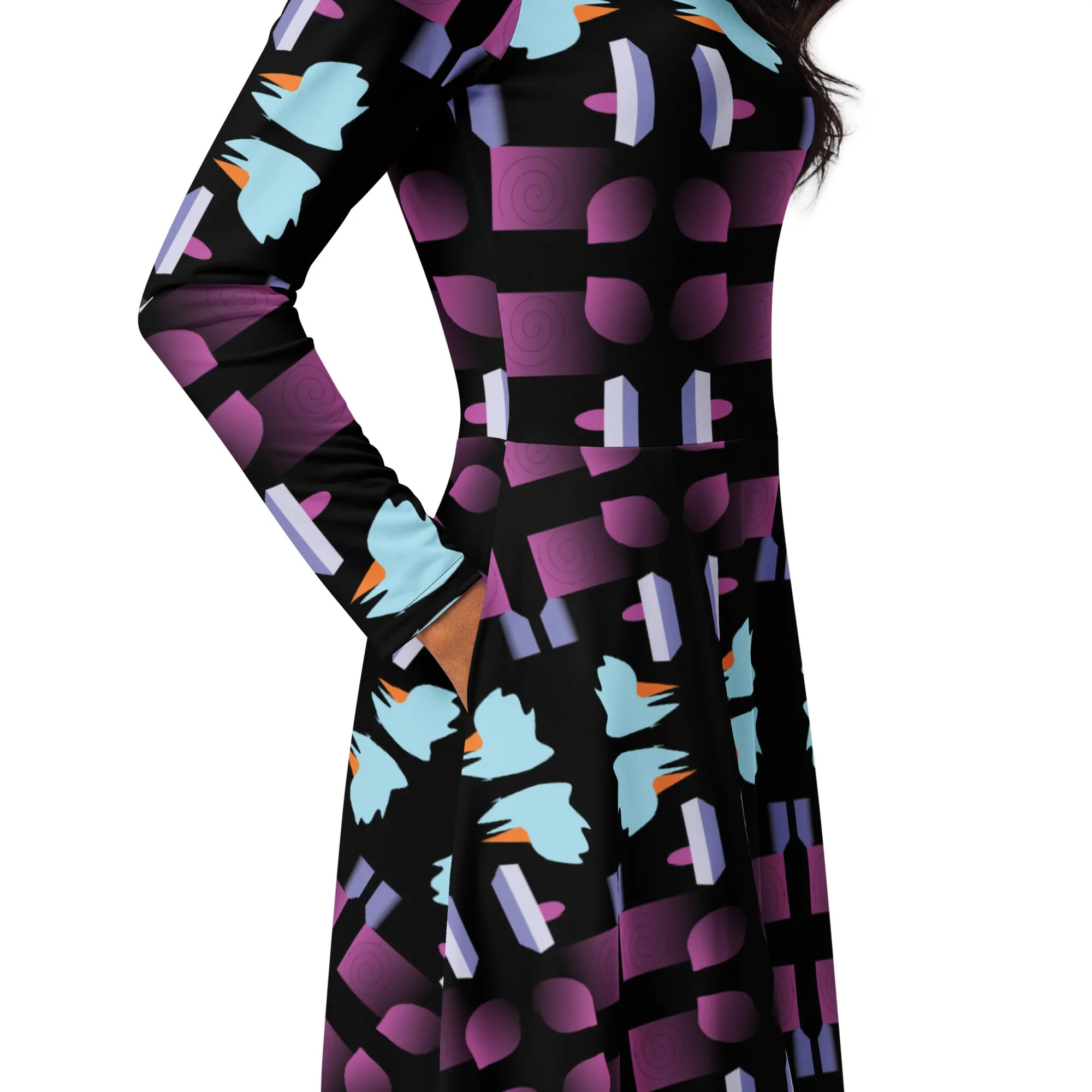 Geometric Print Dress Evening All Over Print Midi Black Dress Long Sleeve Fall Midi Dress