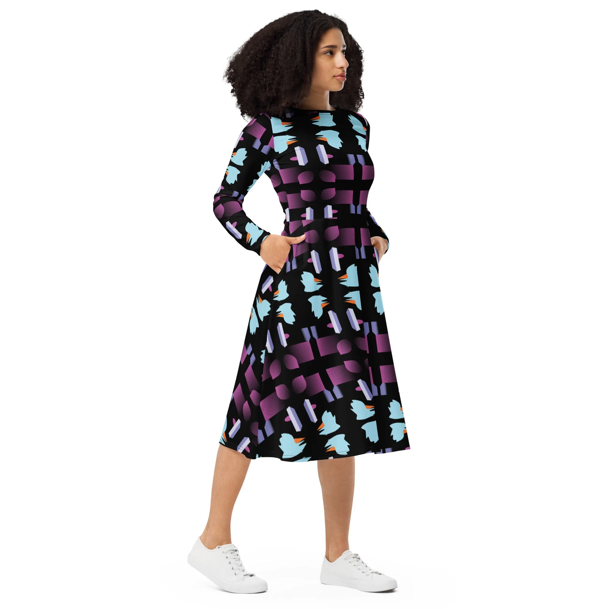 Geometric Print Dress Evening All Over Print Midi Black Dress Long Sleeve Fall Midi Dress