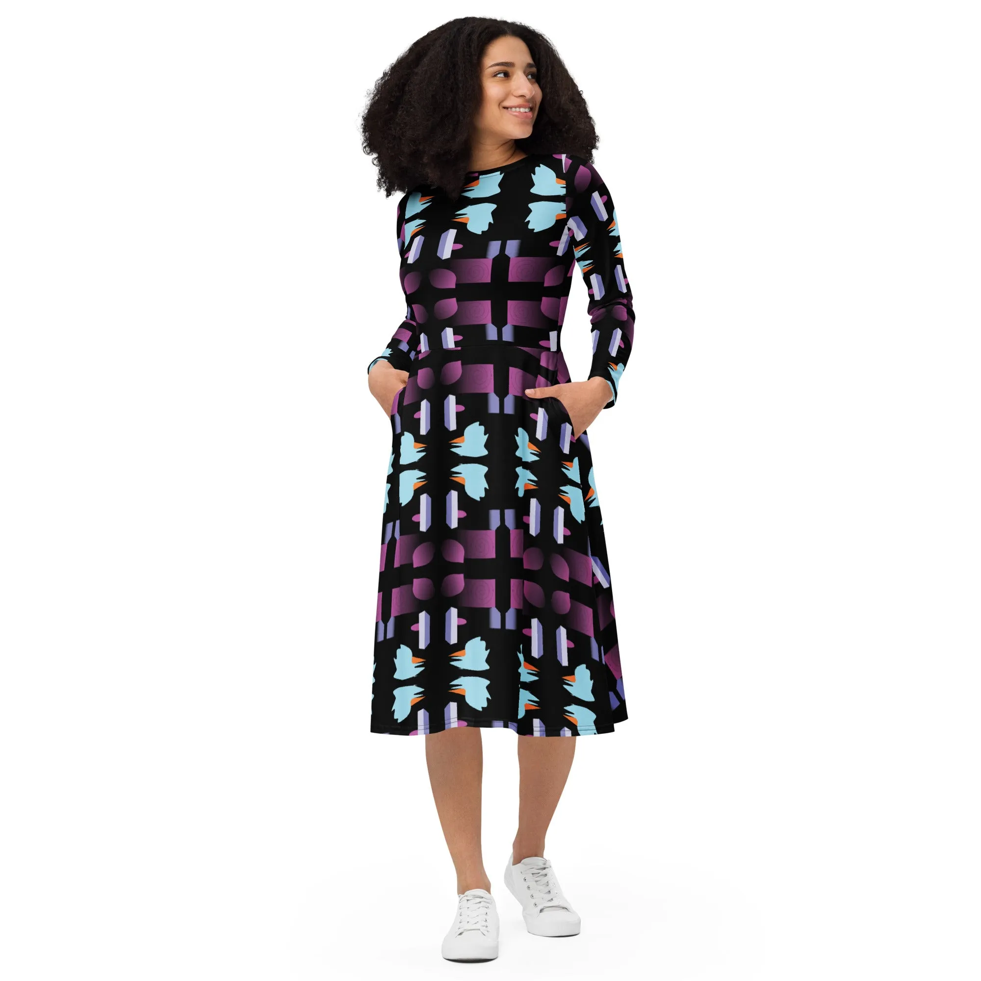 Geometric Print Dress Evening All Over Print Midi Black Dress Long Sleeve Fall Midi Dress