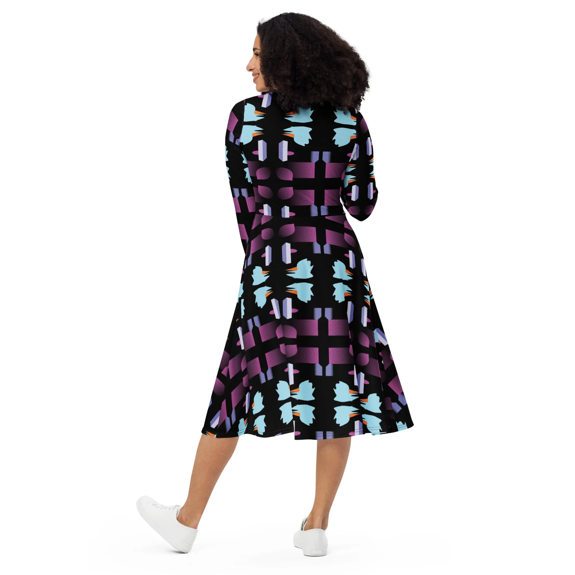 Geometric Print Dress Evening All Over Print Midi Black Dress Long Sleeve Fall Midi Dress