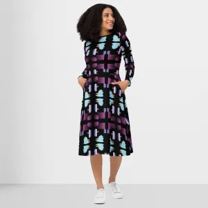 Geometric Print Dress Evening All Over Print Midi Black Dress Long Sleeve Fall Midi Dress