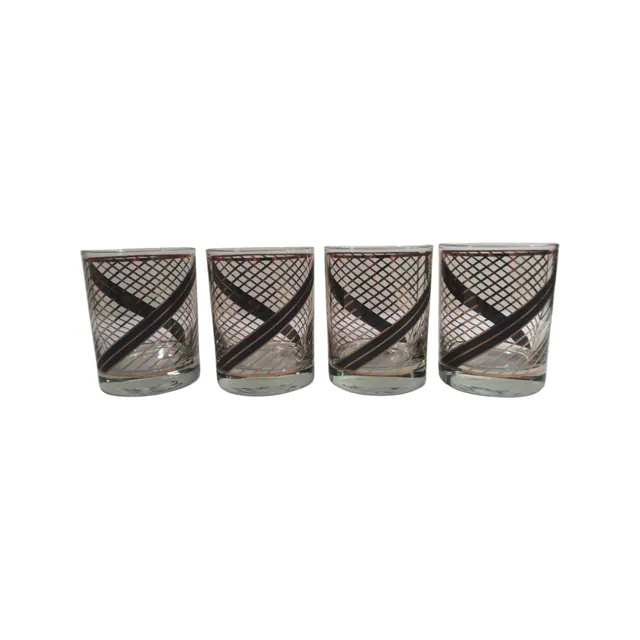 Georges Briard Signed Mid-Century Gold and Black Swirl Double Old Fashion Glasses (Set of 4)