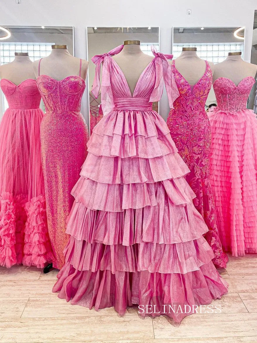 Glitter Tie Straps Pink Plunging Neck Tiered Long Prom Dress lpk578