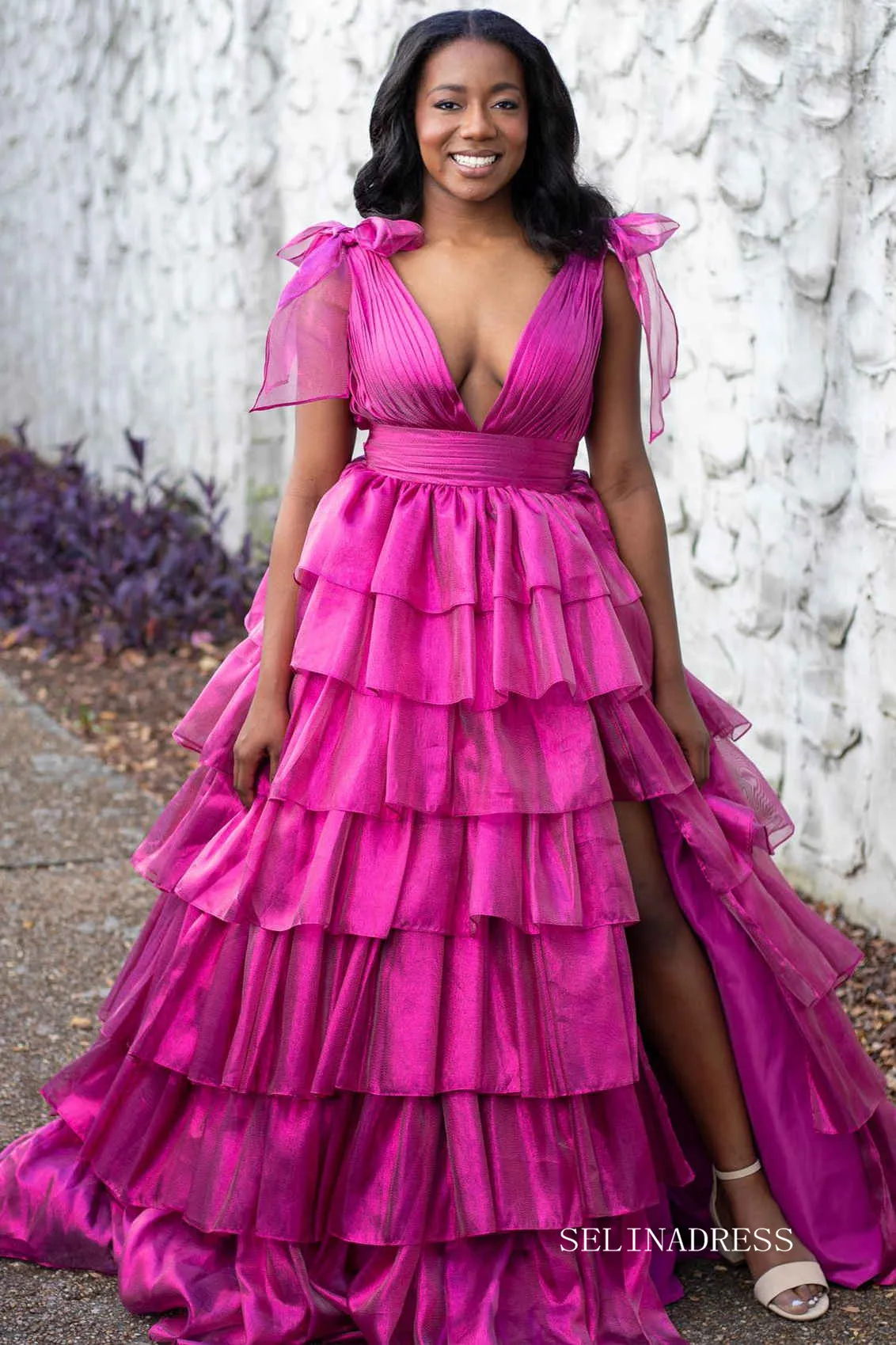 Glitter Tie Straps Pink Plunging Neck Tiered Long Prom Dress lpk578