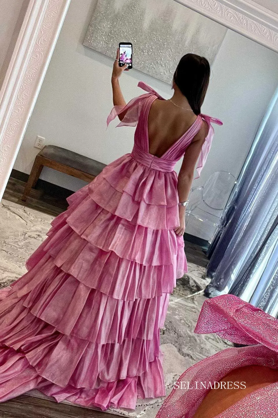 Glitter Tie Straps Pink Plunging Neck Tiered Long Prom Dress lpk578