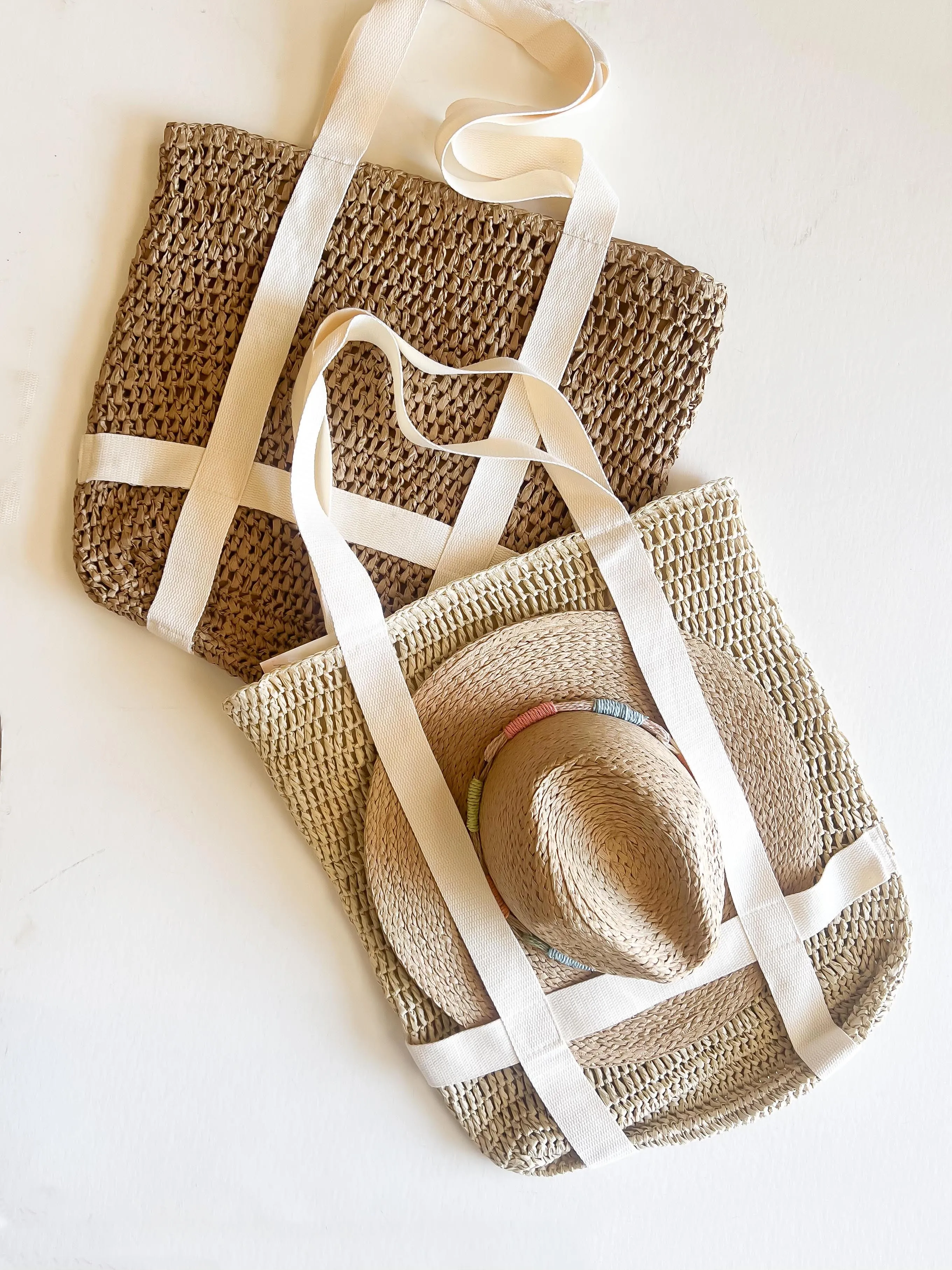 Hat Carrying Tote | Straw Hat Bag | Rattan and Canvas Vacation Purse