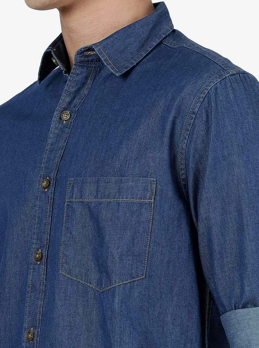 Indigo Blue Solid Slim Fit Casual Shirt | Greenfibre