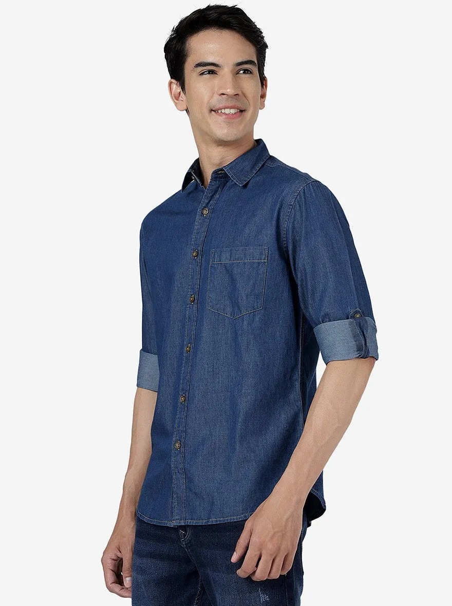 Indigo Blue Solid Slim Fit Casual Shirt | Greenfibre