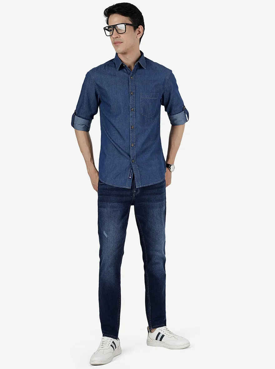 Indigo Blue Solid Slim Fit Casual Shirt | Greenfibre