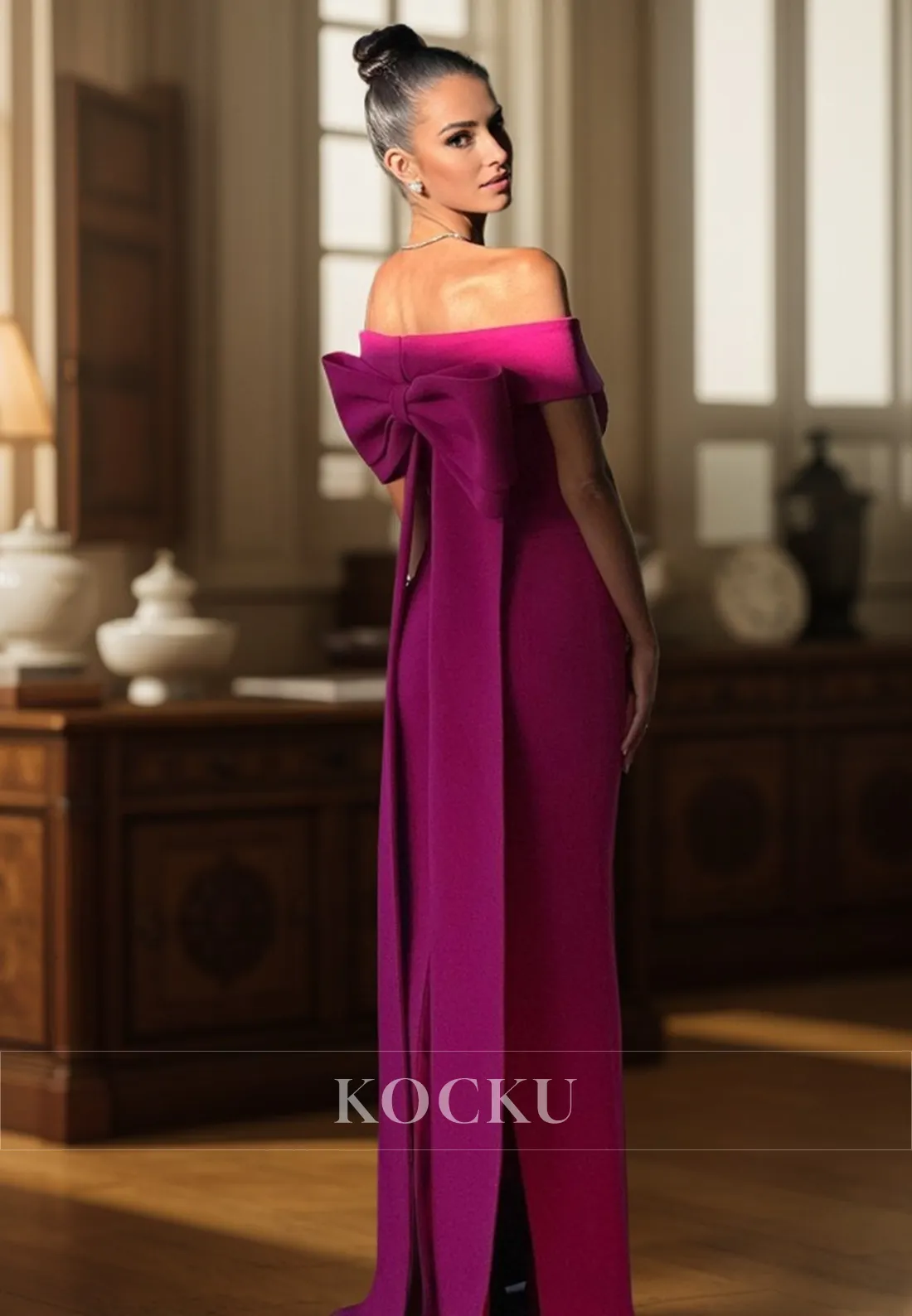 L3108 - Gorgeous & Charming Off-Shoulder Satin Evening Party Prom Dress With Bowknot