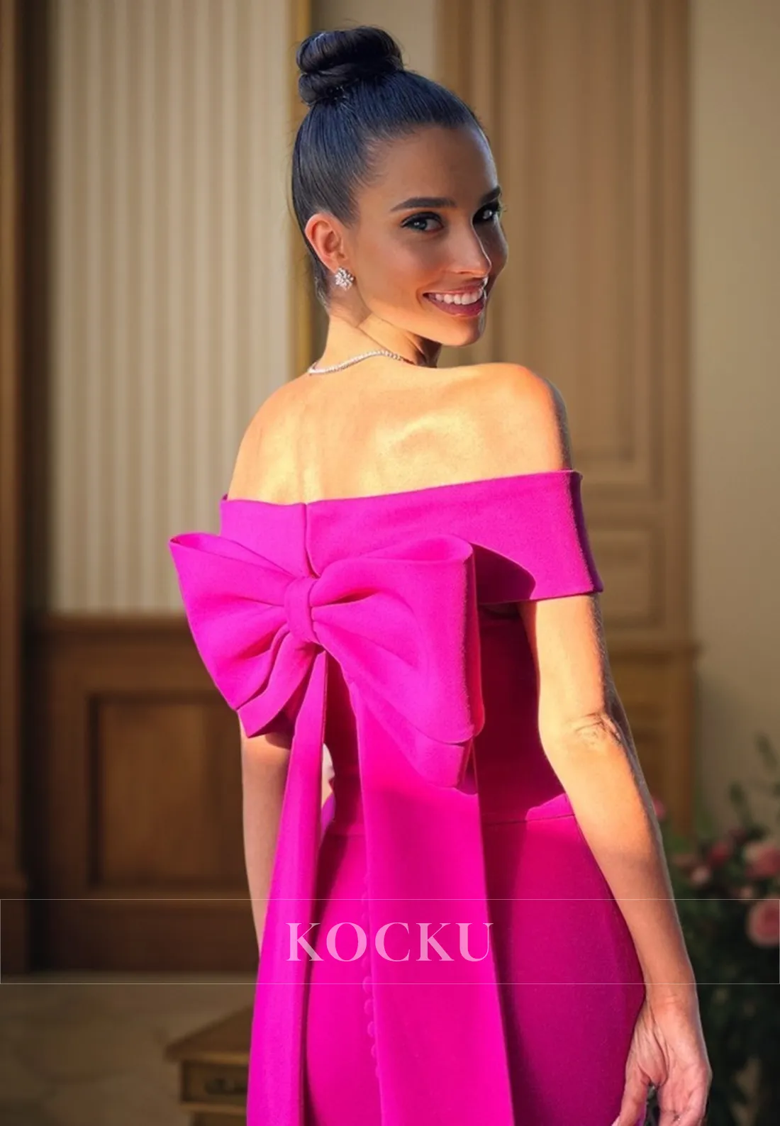 L3108 - Gorgeous & Charming Off-Shoulder Satin Evening Party Prom Dress With Bowknot