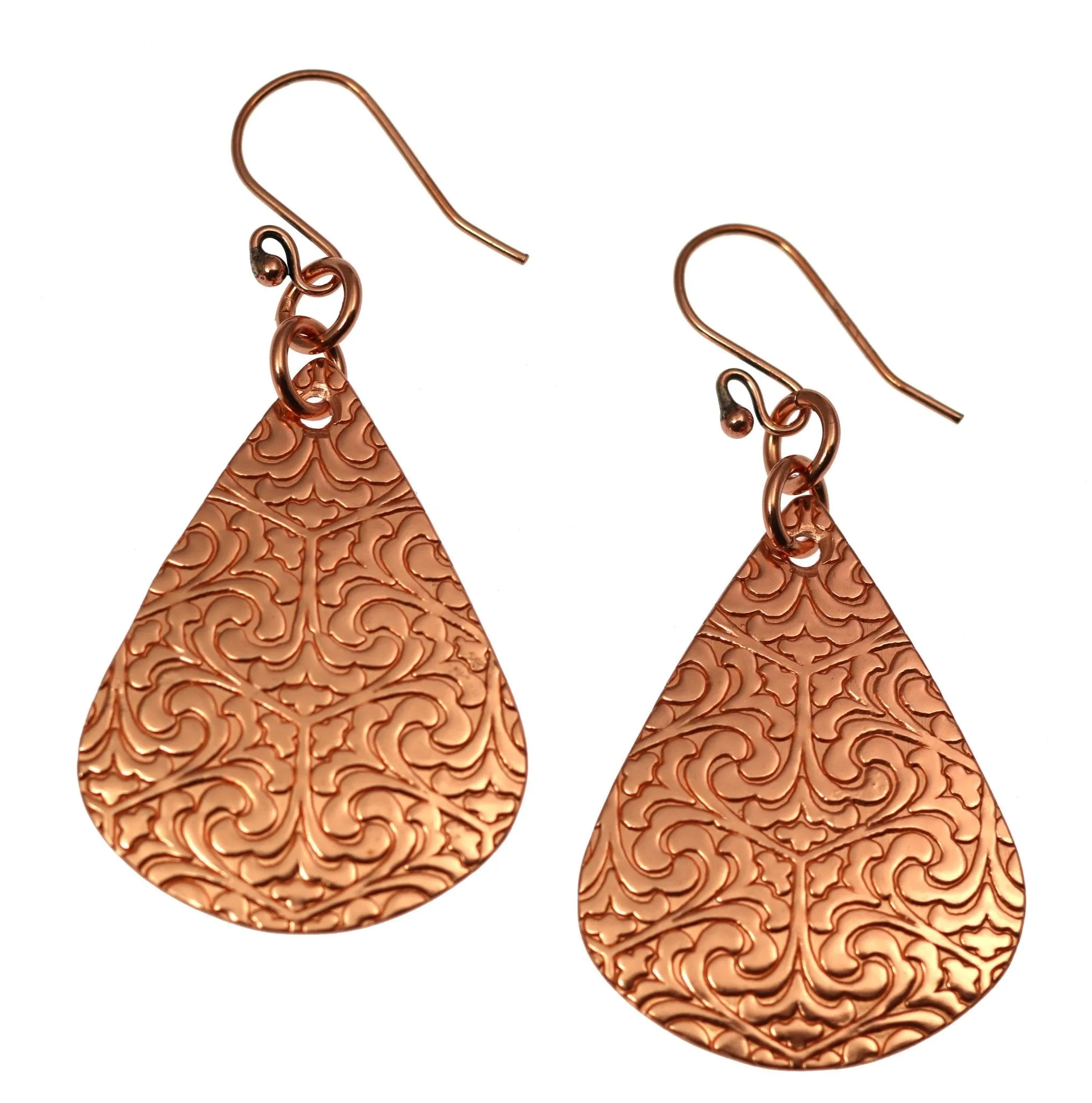 Large Damask Embossed Copper Teardrop Earrings